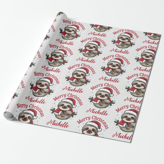 Papier Cadeau Personalized Cute Sloth Santa Hat Holiday          (Déroulé)