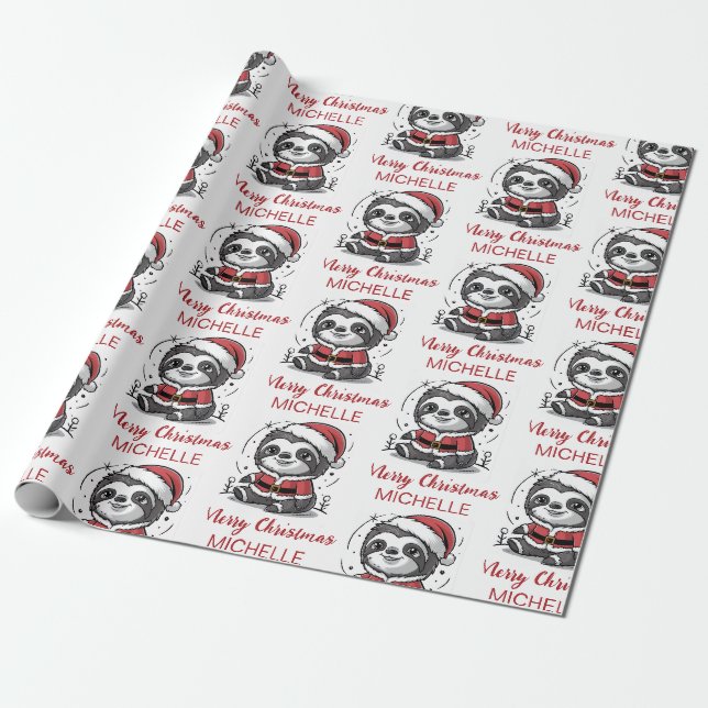 Papier Cadeau Personalized Cute Sloth Santa Hat Holiday (Déroulé)