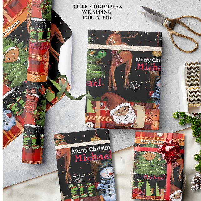 Papier Cadeau Personalized Elf Boy Name Christmas | Red Plaid (Personalized Elf Boy Name Christmas  Red Plaid Wrapping Paper)