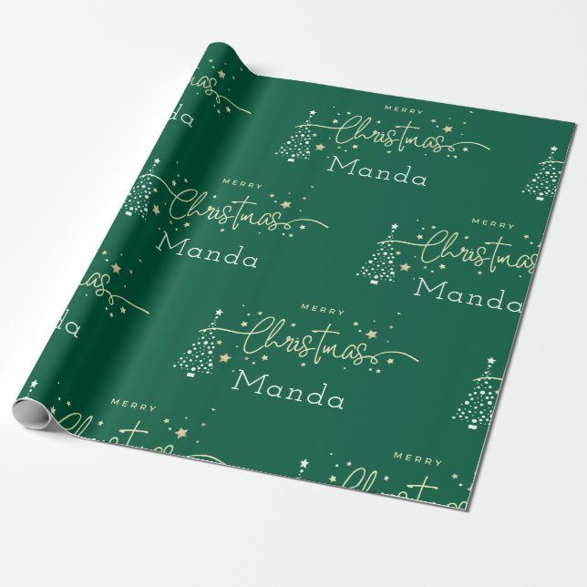Papier Cadeau Personalized Green Elegant Script Merry Christmas (Déroulé)
