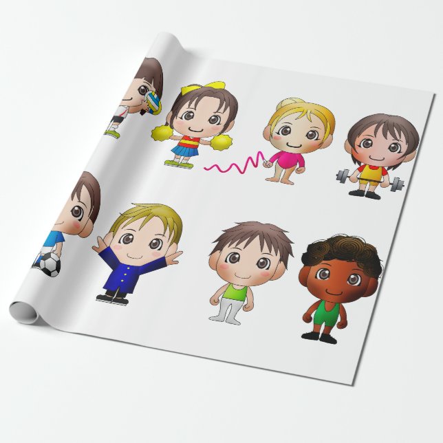 Papier Cadeau personnages de sport en papier d'emballage. (Déroulé)