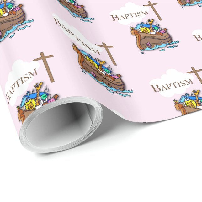 Papier Cadeau Personnalisable, Baby Girl Baptism Arche de Noah (Coin rond)
