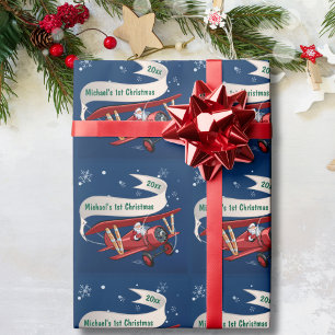 Papier Cadeau Personnalisé, Avion rouge & Père Noël, Premier Noë