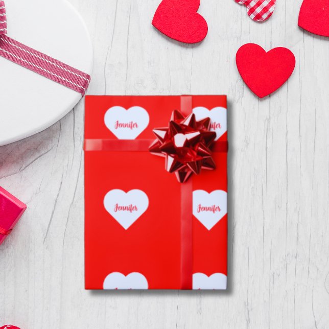 Papier Cadeau Personnalisé Bright Red & White Heart Love rustiqu (Créateur téléchargé)