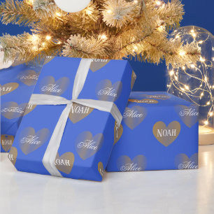 Papier Cadeau Personnalisé Deux Coeurs d'or, Royal Blue