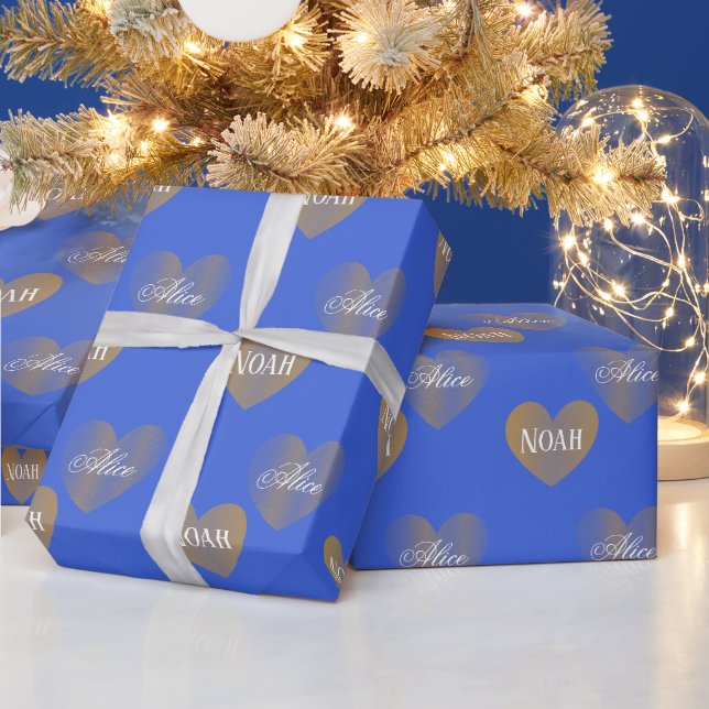 Papier Cadeau Personnalisé Deux Coeurs d'or, Royal Blue (Vacances)