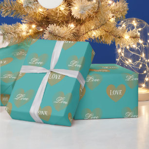 Papier Cadeau Personnalisé Deux Coeurs d'Or, Verdigris