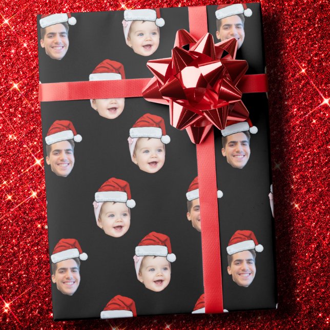 Papier Cadeau Personnalisé Deux Photos Famille Père Noël Visage (Créateur téléchargé)