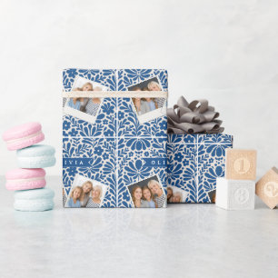 Papier Cadeau Personnalisé Floral Folklorique Bleu Nordique Sur