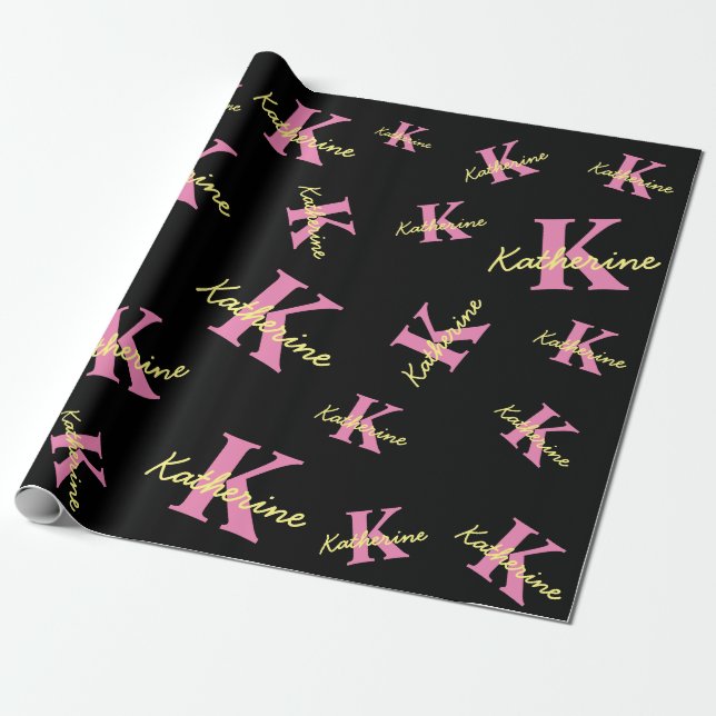 Papier Cadeau Personnalisé Monogramme Noir moderne (Déroulé)
