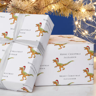 Papier Cadeau Personnalisé Nom du garçon Dinosaure de Noël Veloc
