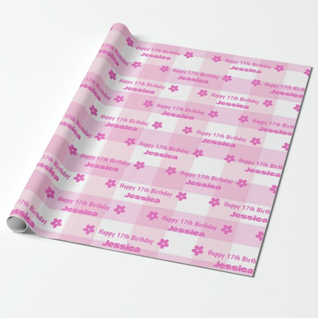 Papier Cadeau Personnalisé rose blanc Plaid Joyeux 17e anniversa (Déroulé)