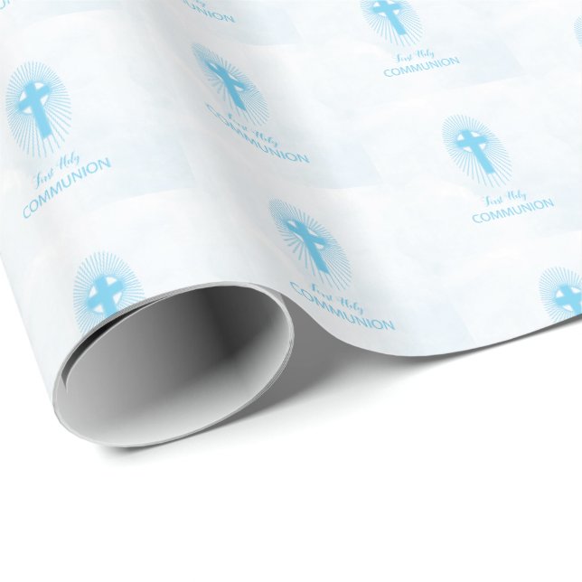 Papier Cadeau Personnaliser, Blue Boy First Holy Communion Cross (Coin rond)