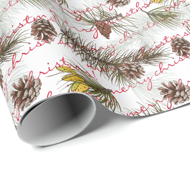 Papier Cadeau Personnaliser des cônes de pin Joyeux Noël Texte r (Coin rond)