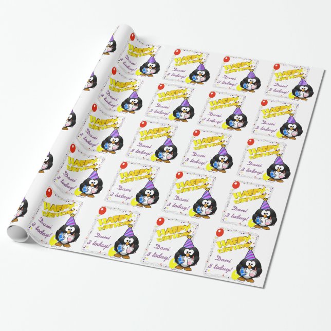 Papier Cadeau Personnaliser dessin animé pingouin anniversaire c (Déroulé)
