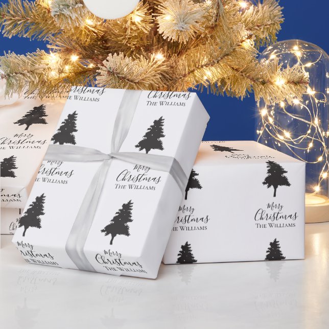 Papier Cadeau Personnaliser le nom de famille Arbre de Noël noir (Vacances)