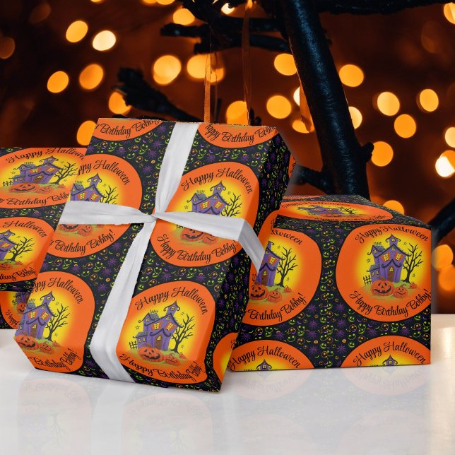 Papier Cadeau Personnaliser le nom Halloween Citrouille Haunted  (Créateur téléchargé)