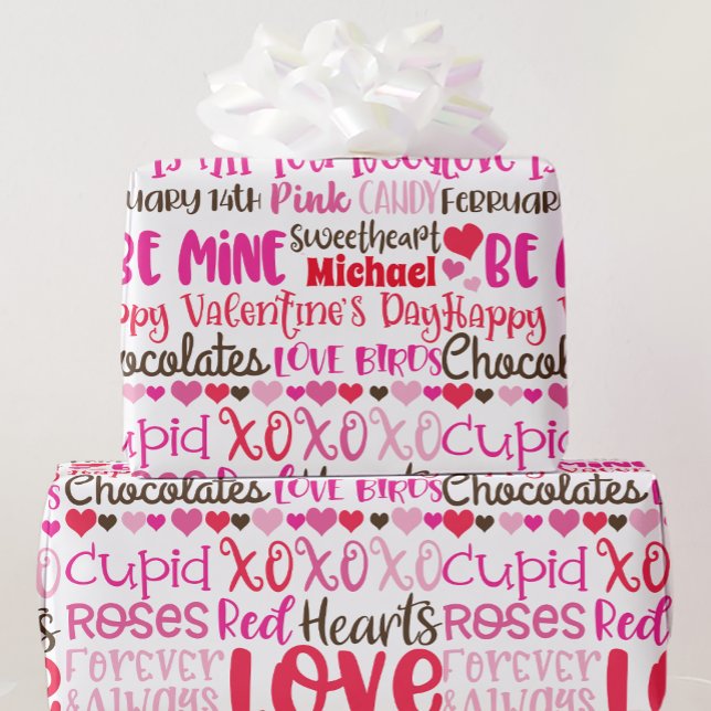 Papier Cadeau Personnaliser le nom Valentines Day Coeurs rouges  (Créateur téléchargé)