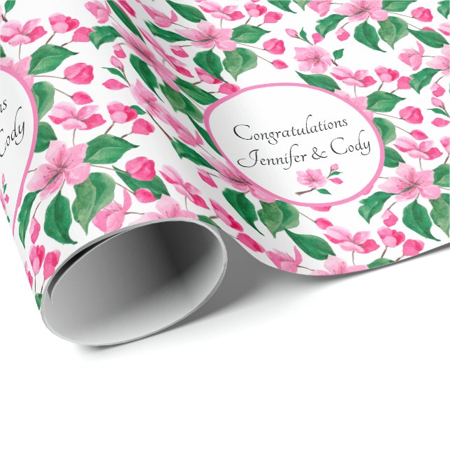 Papier Cadeau Personnaliser les noms Cherry Blossoms Mariage Cad (Coin rond)