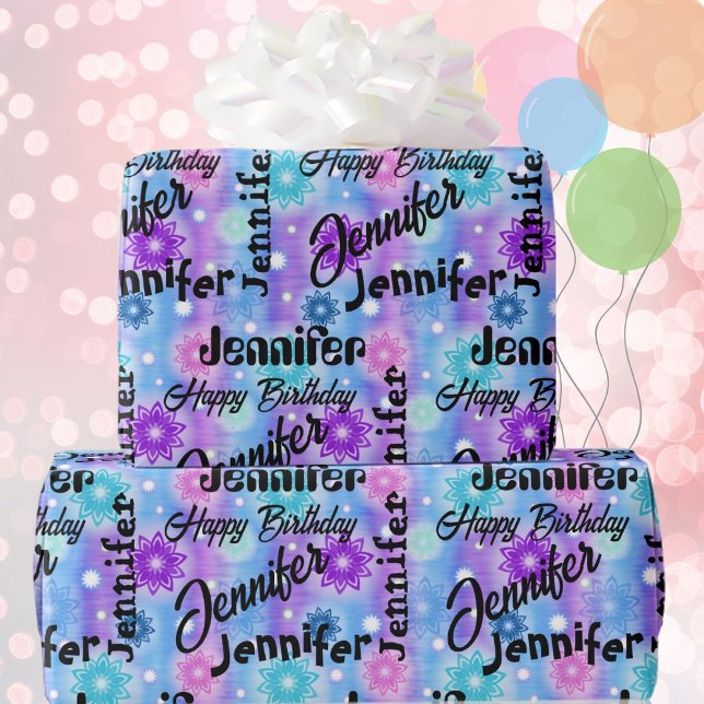 Papier Cadeau Personnaliser Nom Joyeux Anniversaire Rose Bleu La (Créateur téléchargé)