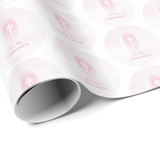 Papier Cadeau Personnaliser, Pink First Holy Communion hôte (Coin rond)