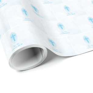 Papier Cadeau Personnalisez, Croix de première communion Blue Bo
