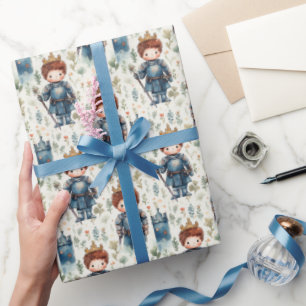 Papier Cadeau Petit chevalier mignon Prince à l'aquarelle couron