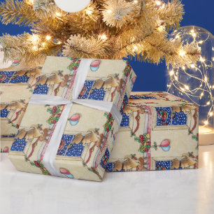 Papier Cadeau petit chiot brun mignon père Noël traîneau dans la