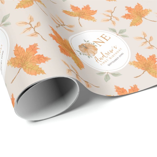 Papier Cadeau Petit Citrouille Feuilles d'automne automne 1er an (Coin rond)