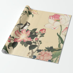 PAPIER CADEAU PETIT OISEAU AVEC ROSES PINK ET FLEURS DE LOTUS