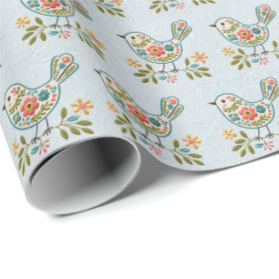 Papier Cadeau Petit Oiseau Bleu Fleurs Roses Envelopper Papier