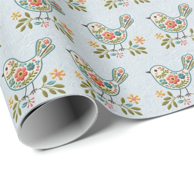 Papier Cadeau Petit Oiseau Bleu Fleurs Roses Envelopper Papier (Coin rond)