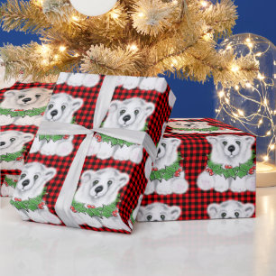 Papier Cadeau Petit ours d'ours polaire de Noël, couronne de bai