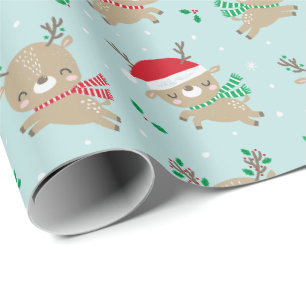 Papier Cadeau Petit renne de Noël mignon en bleu
