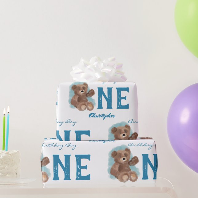 Papier Cadeau Petite aquarelle Ours mignon animal premier annive (Cadeaux de fête)