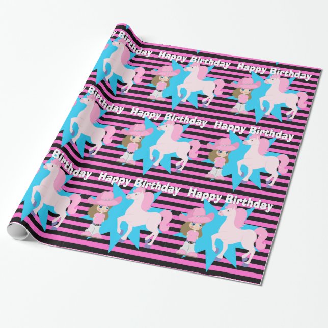 Papier Cadeau Petite Cowgirl Cheveux Brown avec Cheval Joyeux an (Déroulé)