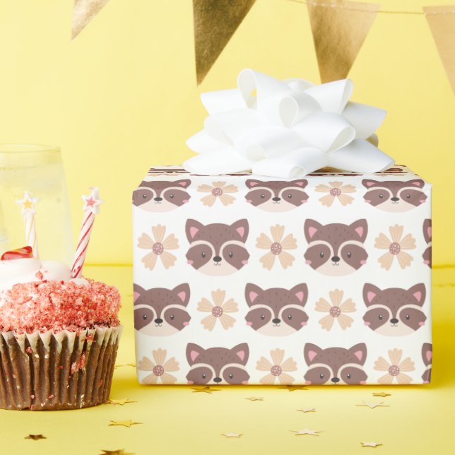 Papier Cadeau Petite Face Brown Raccoon Blanc (Fête d'anniversaire)