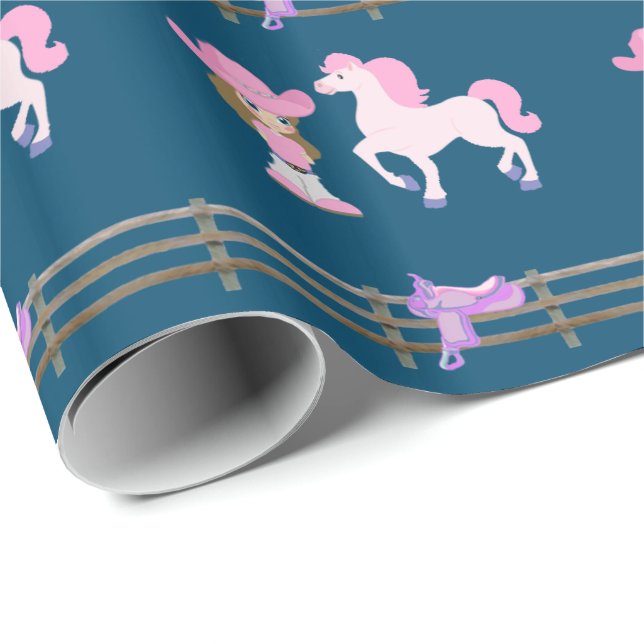 Papier Cadeau Petite Femme Avec Cheval Et Selle (Coin rond)
