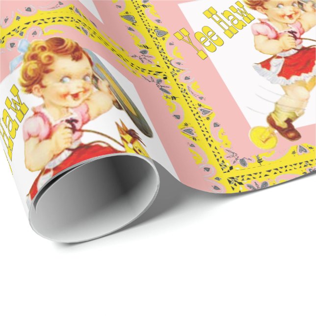 Papier Cadeau Petite Femme De L'Ouest Sur Stick Horse Yee Haw (Coin rond)