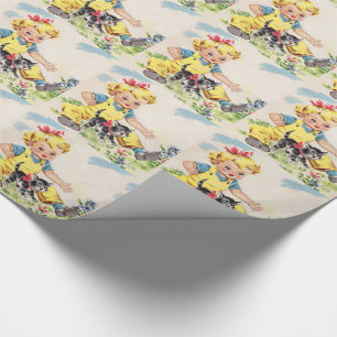 Papier Cadeau petite fille adorable avec le petit chaton