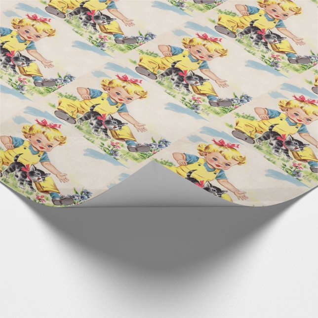 Papier Cadeau petite fille adorable avec le petit chaton (Coin)