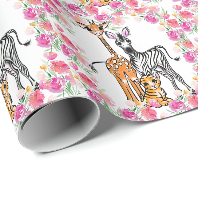 Papier Cadeau Petite fille amis Safari, girafe, zèbre, tigre (Coin rond)