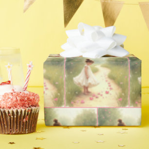 Papier Cadeau Petite fille aux coeurs roses sur un chemin droit