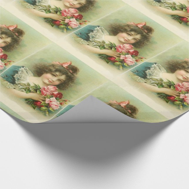 Papier Cadeau Petite fille aux roses roses roses, fête d'anniver (Coin)