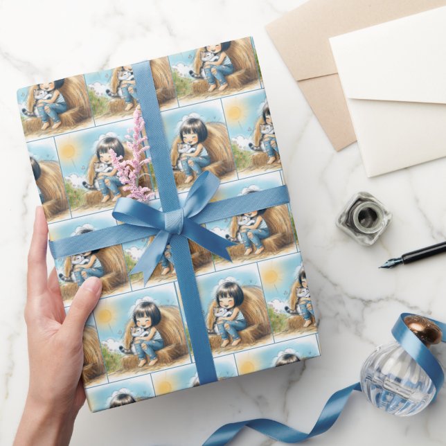 Papier Cadeau Petite Fille Avec Kitten Sur Hay Bale (Cadeaux)