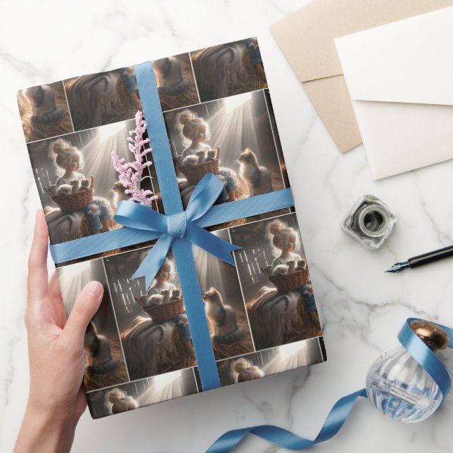 Papier Cadeau Petite Fille Avec Panier De Chatons (Cadeaux)