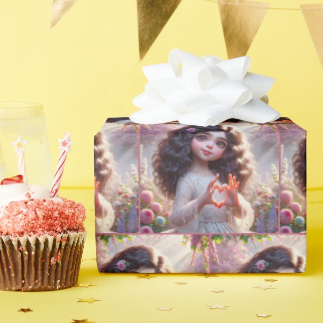 Papier Cadeau Petite fille avec signe cardiaque (Fête d'anniversaire)