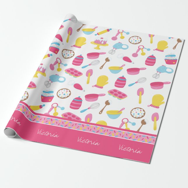 Papier Cadeau Petite fille Baker Cuisine rose Motif Chef enfant (Déroulé)
