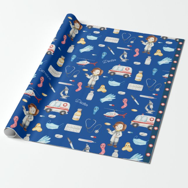 Papier Cadeau Petite fille docteur Motif Médicale avec nom, bleu (Déroulé)