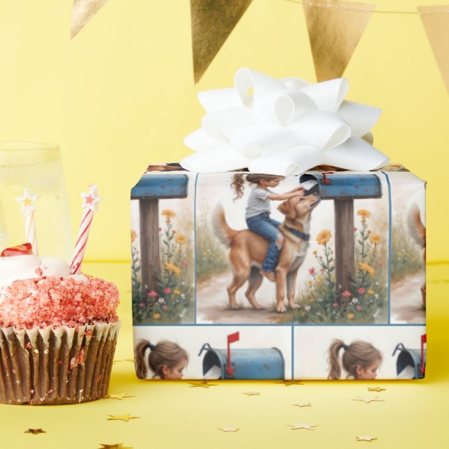 Papier Cadeau Petite fille envoyant une lettre (Fête d'anniversaire)